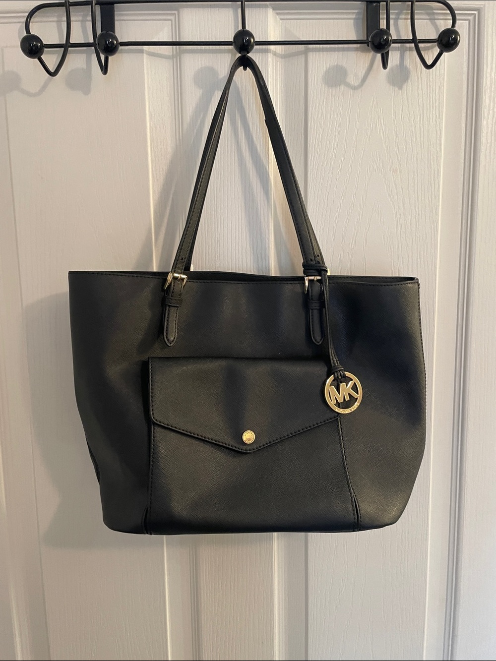 Michael Kors Black Leather Tote with Gold MK Charm